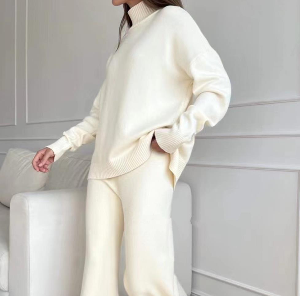 Women Solid Color High Collar Pullover Sweater Set Loose Knitwear Straight Pants Suits Autumn Winter Fashion Office Lady Outfits