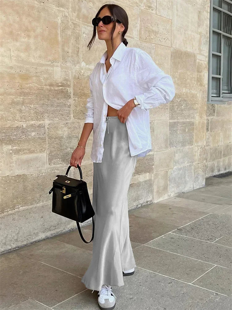 High Waist Lace-Up Long Skirt Women Casual Solid Patchwork Satin Elegant Maxi Skirt Fashion Patchwork Women's Long Skirt