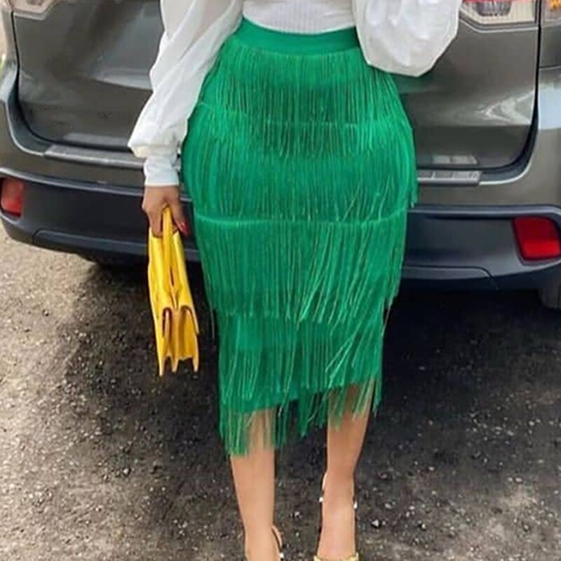 Women Fringe Bodycon Pencil Skirts Black Tassel High Waist Stretch Sheath Midi Length Ladies Slim Elegant Saias faldas Big Size Pbong  mid size graduation outfit romantic style teen swag clean girl ideas 90s latina aesthetic