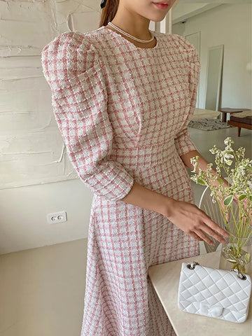 Korean Chic French Style New Spring Summer Tweed Dress For Women Celebrity Pink Plaid Woolen Dresses Vestidos