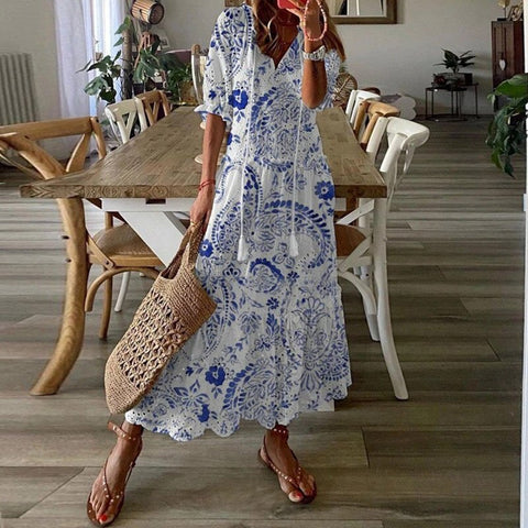 Sexy Women V Neck Party Dresses Vintage Printed Boho Long Dresses Elegant Flying Sleeve Fashion Sexy Slim Maxi Dress Mujer