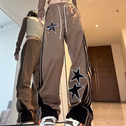 Y2K Star Print Gray Jogging Sweatpants Women Streetwear Vintage Black Sports Pants Oversized Kpop Brown Wide Leg Joggers