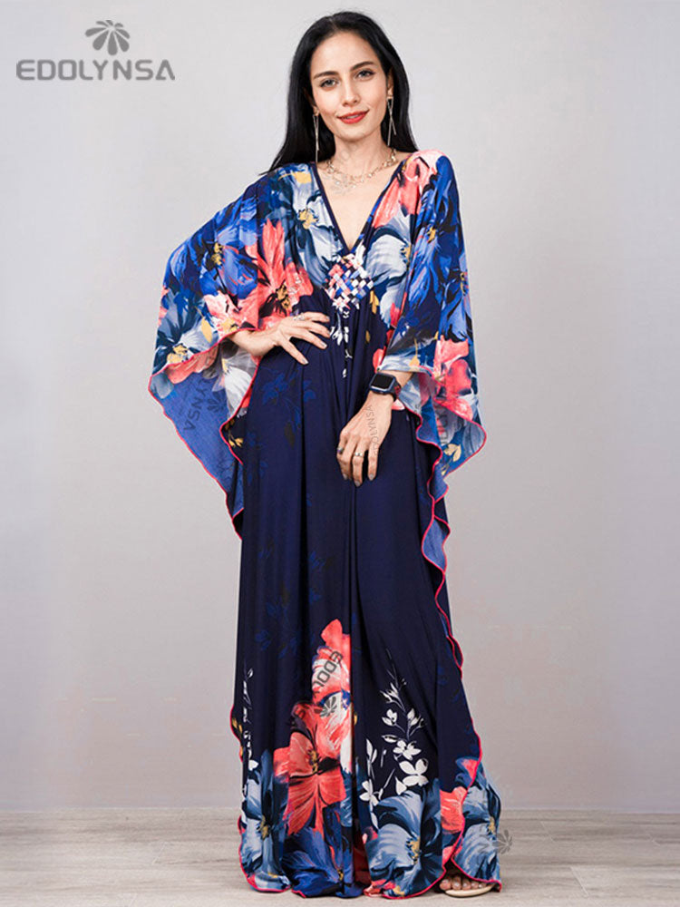 Print Maxi Dress Batwing Sleeve Tunic Spring Autumn Beach Dress Casual Plus Size Women Beachwear Kaftan Cover-ups Pbong mid size graduation outfit romantic style teen swag clean girl ideas 90s latina aesthetic