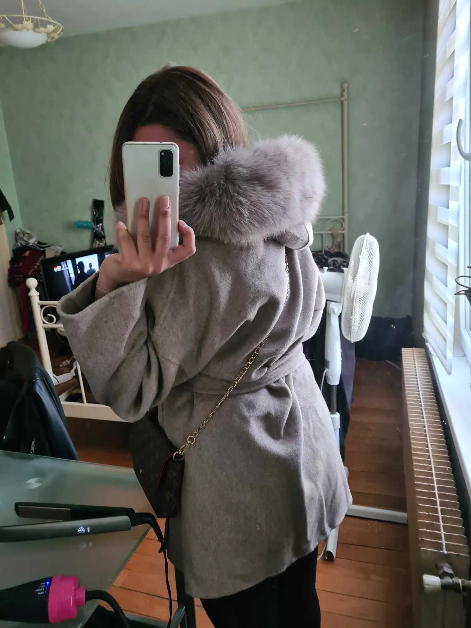 New Oversize Loose Cashmere Wool Blends Real Fur Coat Winter Jacket Women Natural Fox Fur Collar Hood Outerwear Belt