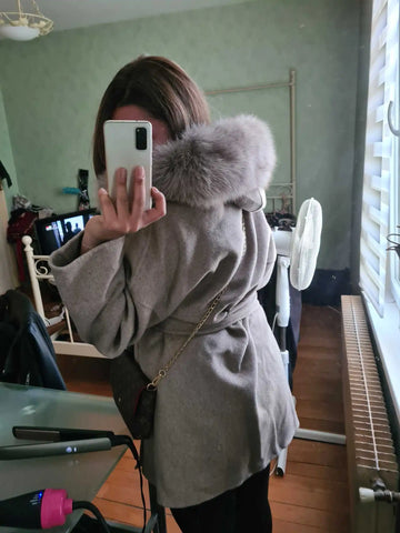 New Oversize Loose Cashmere Wool Blends Real Fur Coat Winter Jacket Women Natural Fox Fur Collar Hood Outerwear Belt