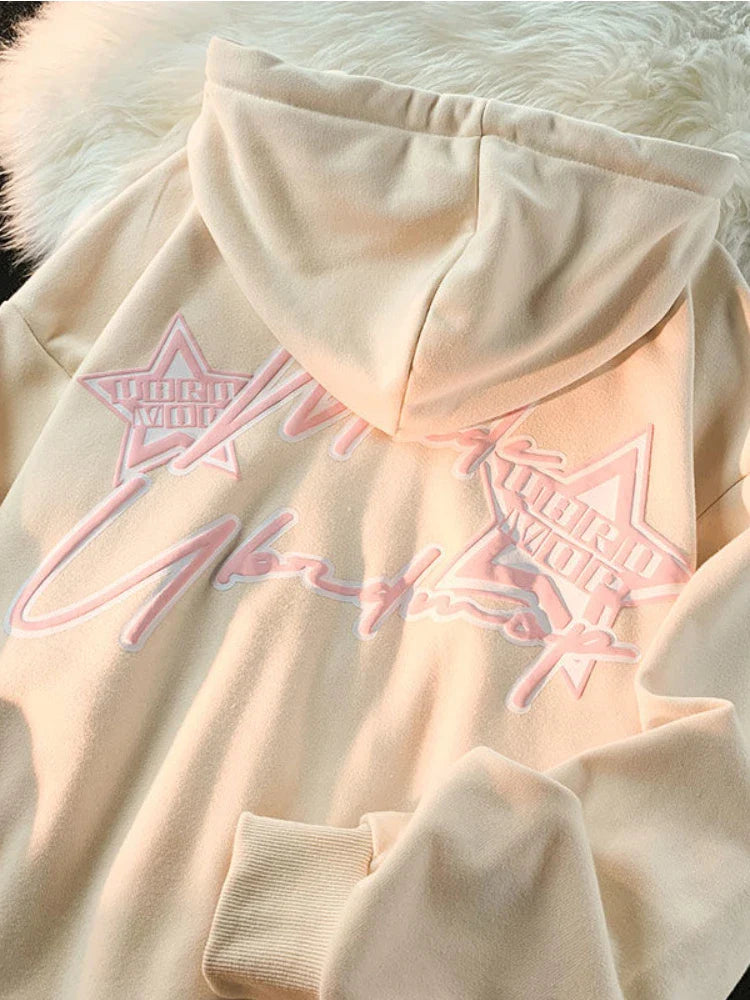 Deeptown Y2K Vintage Zip Up Hoodies Women Harajuku Hip Hop Letter Print Sweatshirts Gothic Streetwear Loose Patchwork Tops Coats