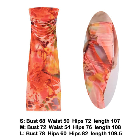 Sexy Strapless Women Summer Dress Y2K Fashion Printed Slim Maxi Beach Dress Elegant Mesh Sleeveless Vacation Party Outfis