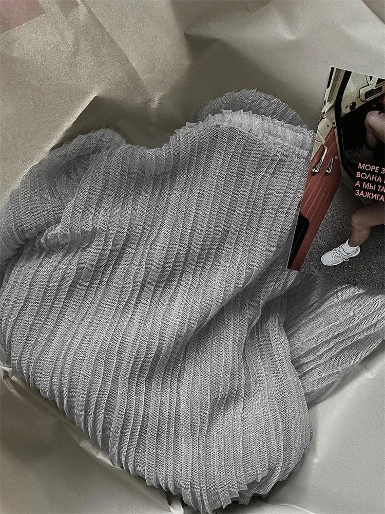 Mesh Pleated See-Through Long Skirt For Women Sheer Sexy Hollow Out Holiday Beach Skirt Female High Waist Y2k Maxi Skirt