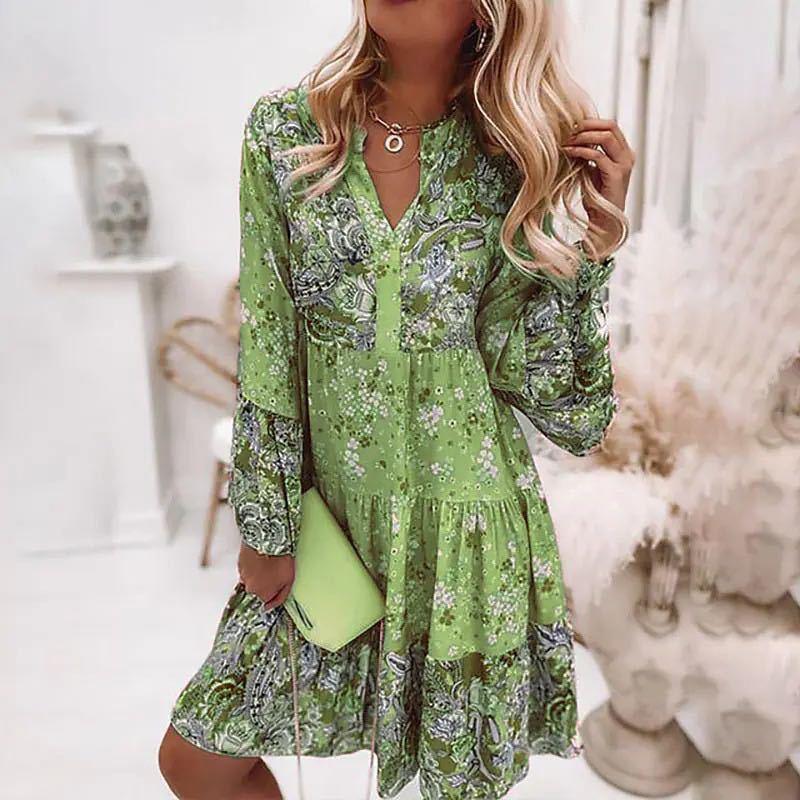 Women Floral Print Dress Oversize Elegant Pleated Long Sleeve Casual Dresses Female V Neck Loose Bohemian Beach Holiday Dresses