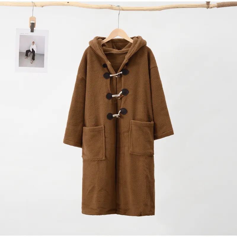 Faux Woolen Long Coat Women Long Sleeve Big Pocket Cow Horn Button Hoodies Outwear Autumn Winter Warm Loose Lady Jackets