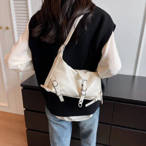 Silver Leather Crossbody Bags for Women Luxury Y2k Korean Fashion Underarm Shoulder Bag Female Armpit Bag Handbags