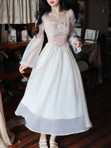 French Elegant Office Lady Dress Party Summer Chiffon One Piece Dress Korean Fashion Casual Long Sleeve Midi Dress Woman