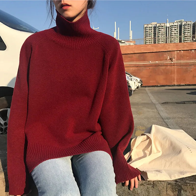 Grey Turtleneck Women's Pullover Sweater Loose Languid Style New Autumn Winter Cashmere Thick Long Sleeve Knit