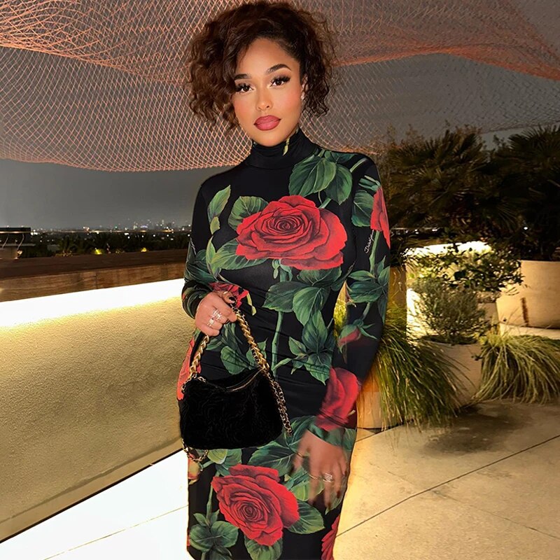 Women Long Sleeve Bodycon Streetwear Party Club Floral Midi Dress Fall Clothing Wholesale Items For Business