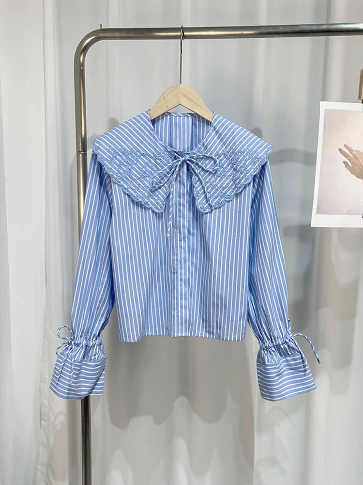 100% Cotton Striped Lace Up Women Shirts Elegant Flare Sleeve Embroidery Lapel Female Blouses  Spring Summer Casual Lady Top