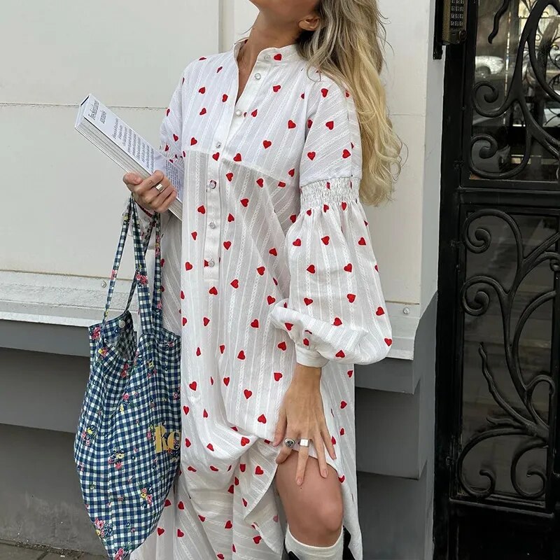 Heart Print Long Sleeve Dresses Loose Cotton Maxi Dress Buttons Mock Neck Vintage Summer Elegant Women Clothing Vestidos