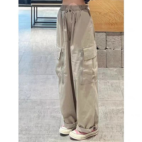 Harajuku Style Khaki Cargo Pants Women Hip Hop Streetwear Pockets Solid Basic Baggy Wide Leg Trousers Oversize Kpop Bottom