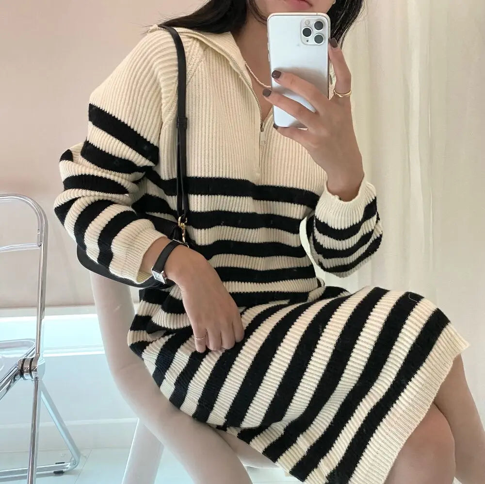 Korean Chic Big Lapel Zipper Stripe Mid Length Knit Dress Autumn Winter Pullover Long Sleeve Loose Warm Women Dress  New