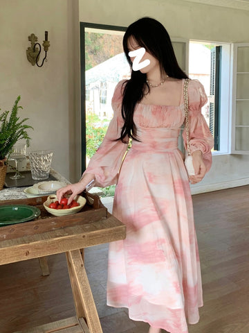 Long Sleeve Floral Midi Dress Chiffon French Elegant Party Dress Woman Casual Fashion Beach Dress Office Lady Summer Chic