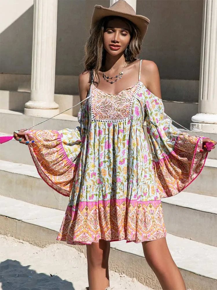 Boho Inspired floral print rayon mini boho dress for women off shoulder V-neck half sleeve bohemian boho beach summer dress