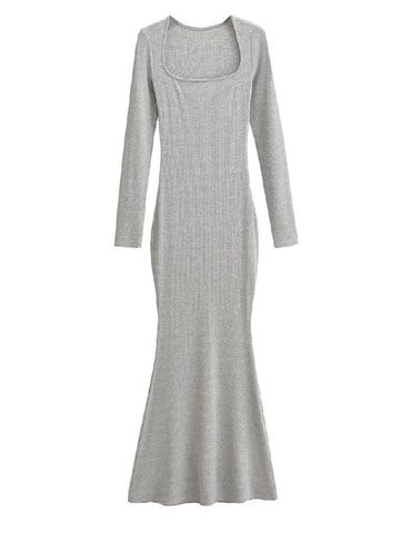 Sexy Square Collar Knitted Cotton Maxi Long Mermaid Dress Women Full Sleeve Stretch Basic Bodycon Fishtail Robe Vestido