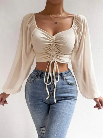 Woman's Tops Puff Sleeve Sexy Close-Fitting Summer and Spring Lace up V-neck Fashion Solid Color Simple Long Sleeve Hot