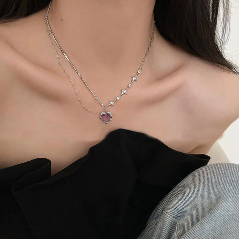 New Black Crystal Peach Heart Pendant Necklace for Women Girl  Fashion Zircon Stars Clavicle Chain Aesthetic Y2K Jewelry