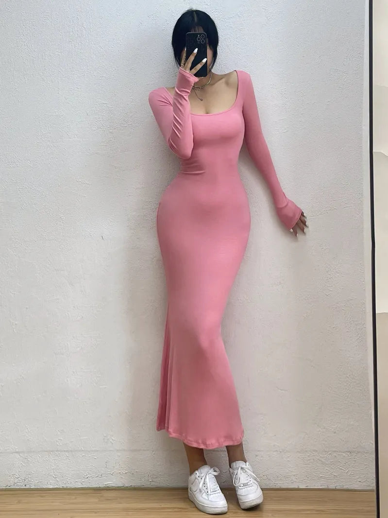 Sexy Square Collar Long Sleeve Fishtail Dress Tight Figure Wrap Hip Super Long Dresses Fashion Korean Tops