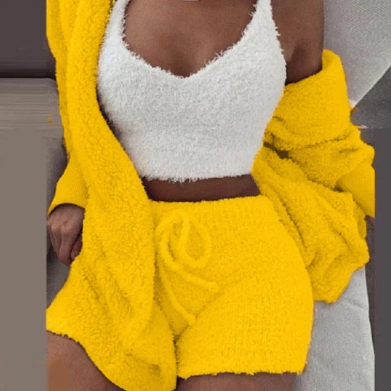 Women's Comfortable Knit Pajama Set Crop-top with V-neck Winter Plush Loungewear Casual 3-Piece Set Long Sleeve Shorts Sports