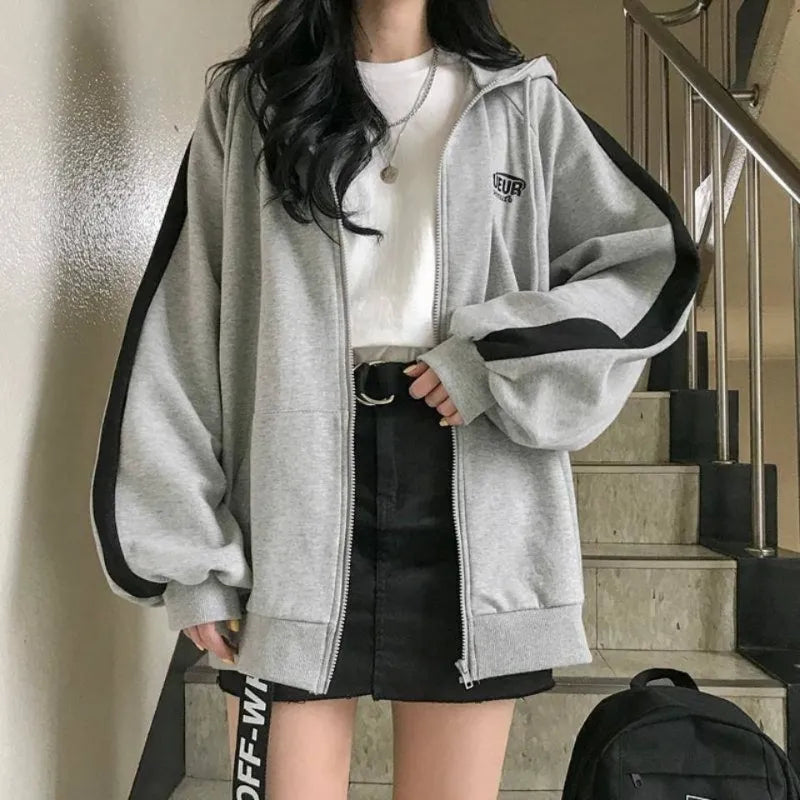 Korean Style Zip Hoodie Women Autumn Harajuku Loose Long Sleeve Patchwork Oversized Hoodie Casual School Clothes