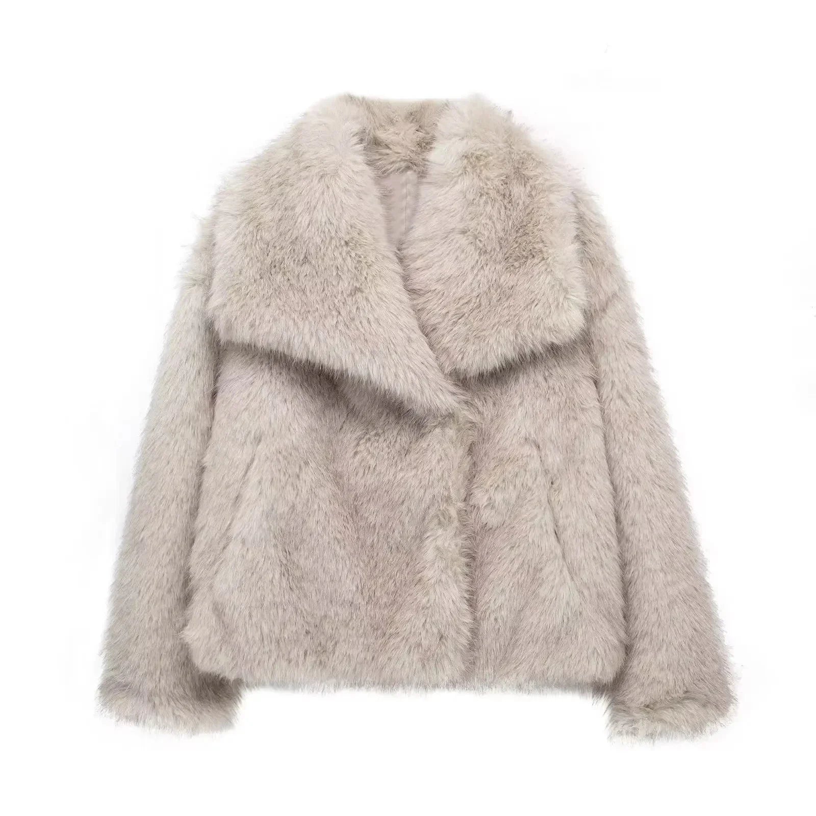 Women Fashion Cropped Faux Fur Jacket Coat Long Sleeve Front Snap-button Female Outerwear Chic Lapel Collar Thick Coat