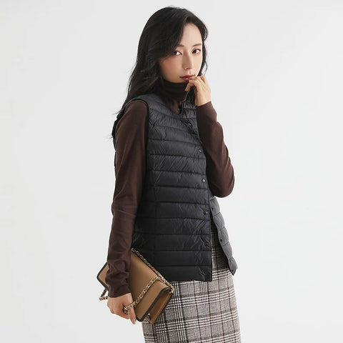 Winter Light Thin Down Short Vest Jacket Women 90% White Duck Down Warm Sleeveless Coat Single Slim Underwaist Outwear