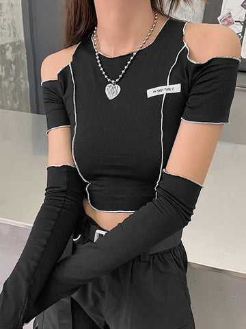 Goth Dark E-girl Style Patchwork Black T-shirts Gothic Open Shoulder Sleeve Y2k Crop Tops Ruffles Hem Hip Hop Techwear Women Tee