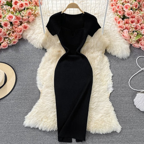 Sexy Chic Elastic Knit Bodycone Pencil Dress Solid Tight Midi Wrap Vestidos Korean Fashion Party Basic Slim Summer Women Robe