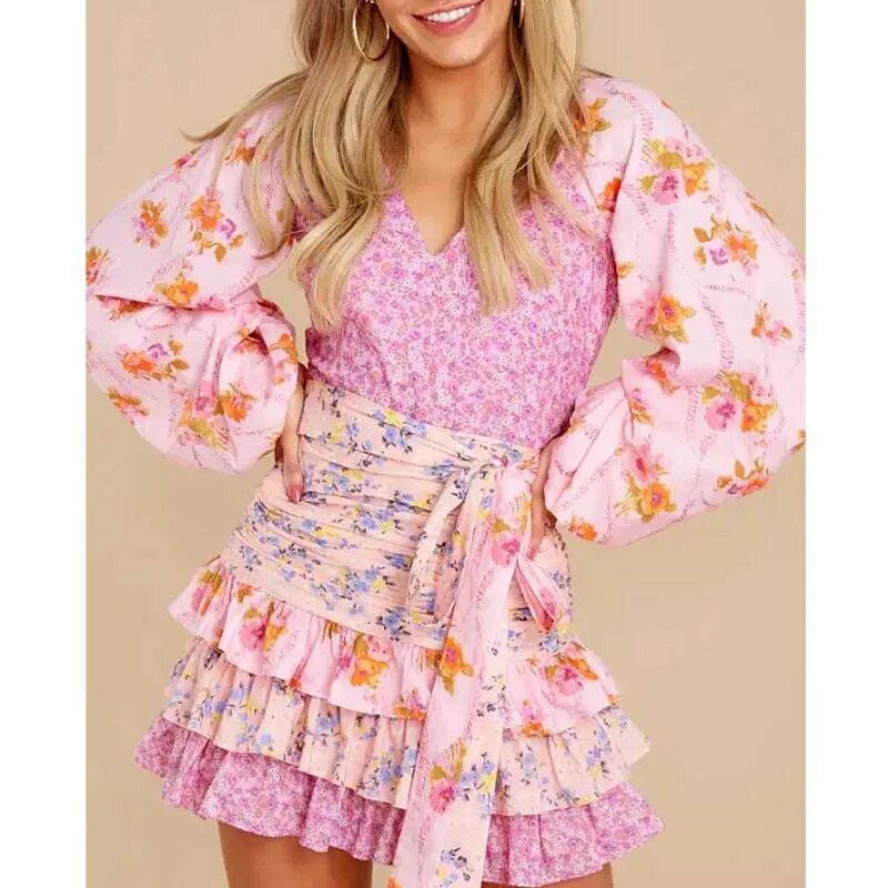 women's spring summer dress long sleeve V-neck tiered ruffled dress women floral print elegant party dress