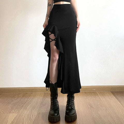 Goth Dark High Split Ruffles Side Y2k Maxi Skirts Elegant Mall Gothic Bandage Sexy Partywear Women Grunge High Waist Long Skirt