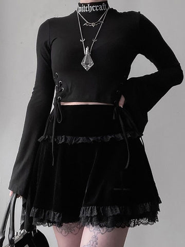 Goth Dark Mall Gothic Aesthetic Velvet Pleated Mini Skirts Women Vintage Harajuku Emo Alt Clothes High Waist Lace Ruffles Skirt