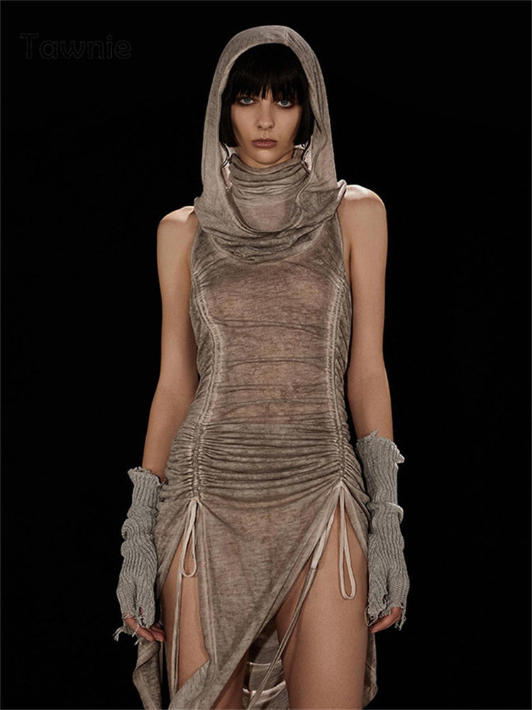 Sexy Vintage Mini Dress Off Shoulder Sleeveless Hooded Draw String Ruched  High Split Khaki Summer Slim Vestido