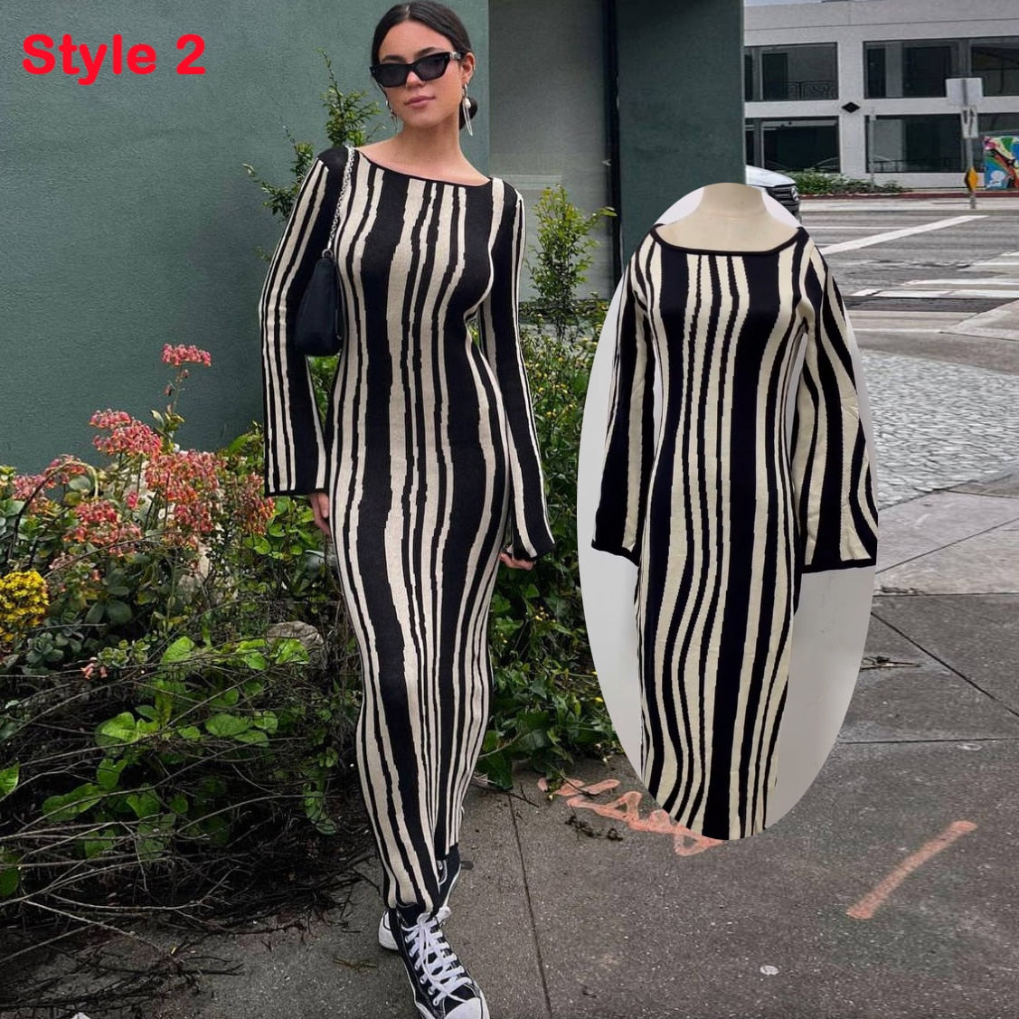 Autumn Knitted Maxi Dress Flare Long Sleeve Bodycon Dress for Women Elegant Sexy Cut Out Wave Christmas Party Evening Outfits