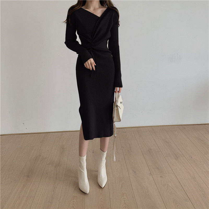 Harajuku Vintage Korean One-Piece Sweater Maxi Dresses for Women Draw String Bodycon Slim Knitted Lady Woman Dress Autumn