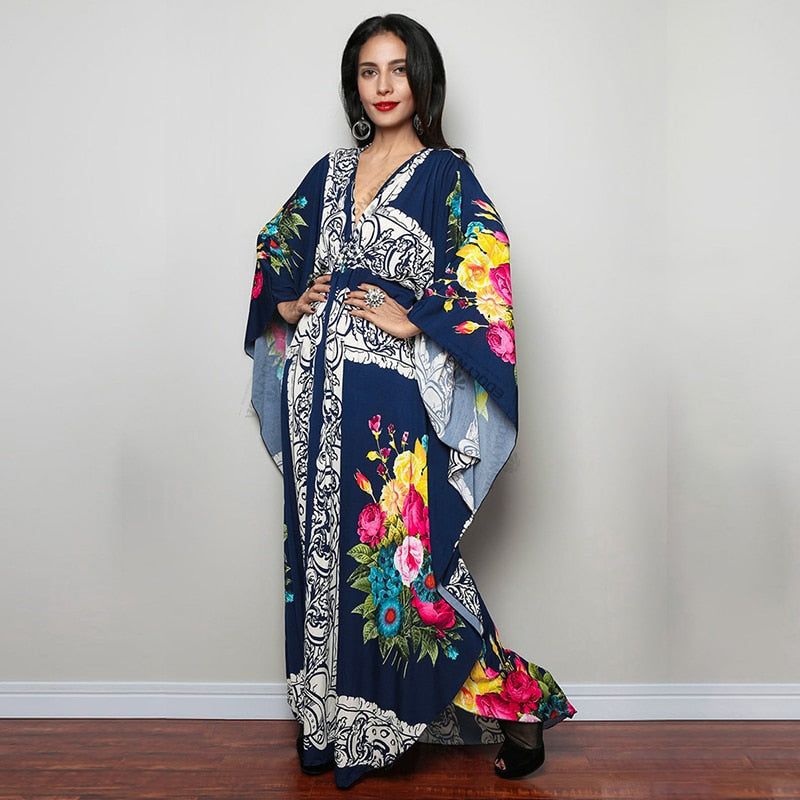 Print Maxi Dress Batwing Sleeve Tunic Spring Autumn Beach Dress Casual Plus Size Women Beachwear Kaftan Cover-ups Pbong mid size graduation outfit romantic style teen swag clean girl ideas 90s latina aesthetic