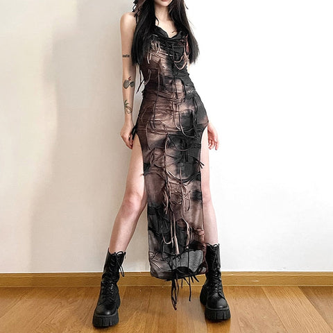 Goth Dark Tassel Vintage Gothic Hooded Midi Dresses Fairy Grunge Y2k Sexy High Split Dress Female Sleeveless Tie Dye Streetwear