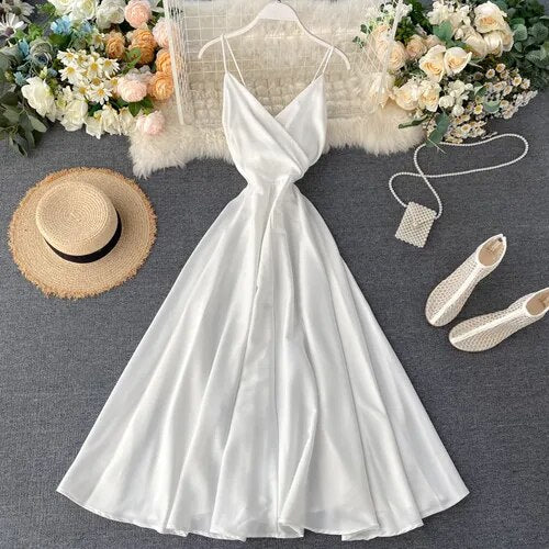 Elegant Sexy Backless High Waist Pleated Slip Dress Fairy A-line Summer Beach Vacation Vestidos Slim Women Evening Party Dress