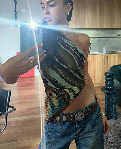 Irregular Print Tanks Tops Women Unique Incline Shoulder Sleeveless Body-shaping Hipster vest Female Streetwear