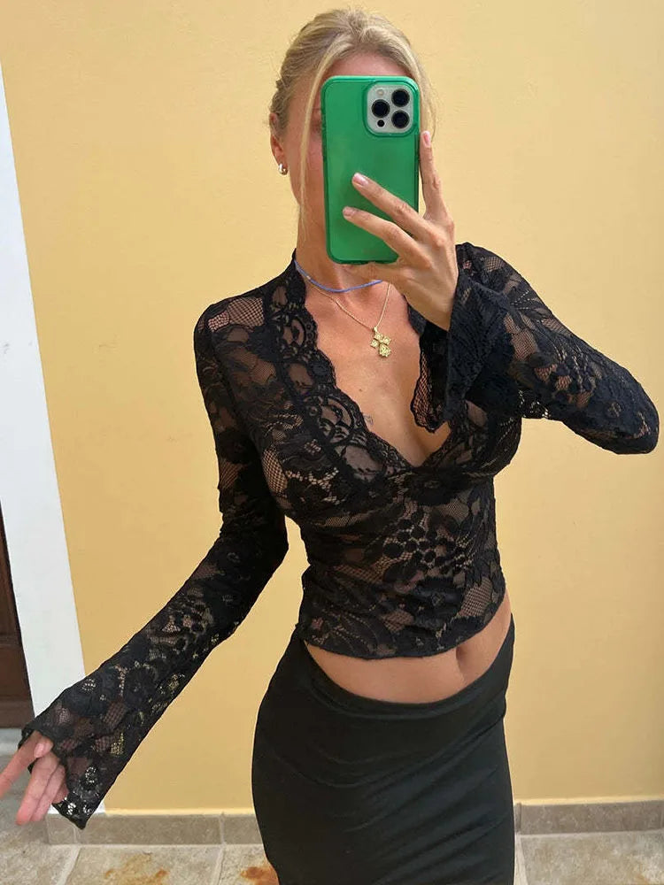 Lace Deep V See-through T-shirt Top Women's Slim Long Sleeve Solid Color Sexy Printed Hollow Women's Short Top Pullover