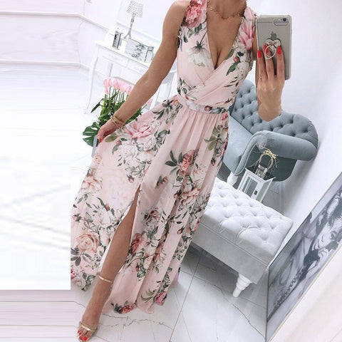New Sexy V-Neck Women Sleeveless Solid Party Dress Casual Draped Festive Dress Elegant Summer Chiffon Wrap Slit Maxi Dress Mujer