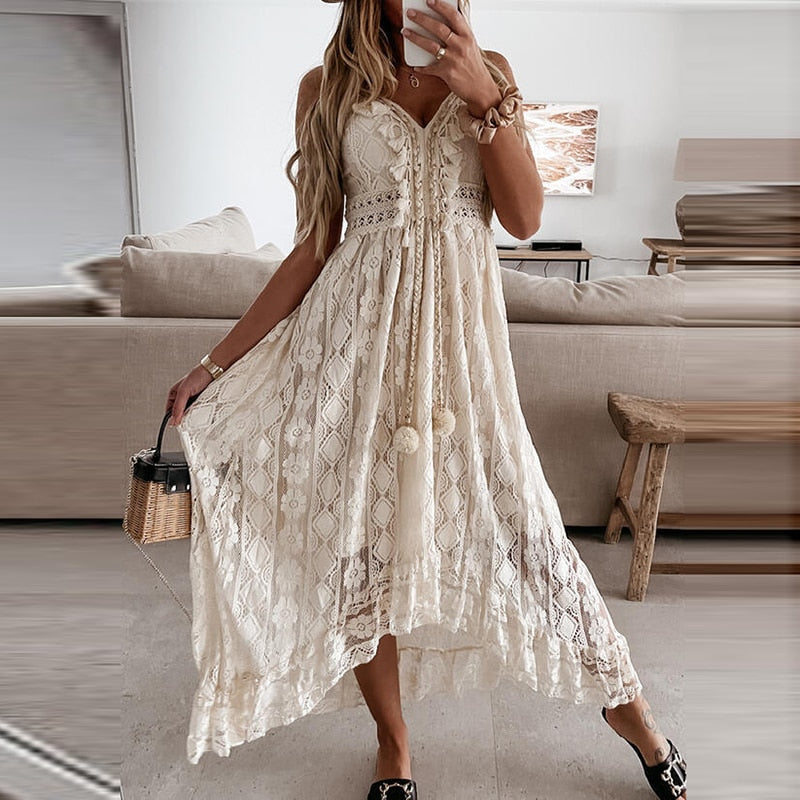 Boho Dress Women Summer Maxi Dress Lady Off Shoulder Holiday Lace V Neck Spaghetti Strap Sundress White Dress