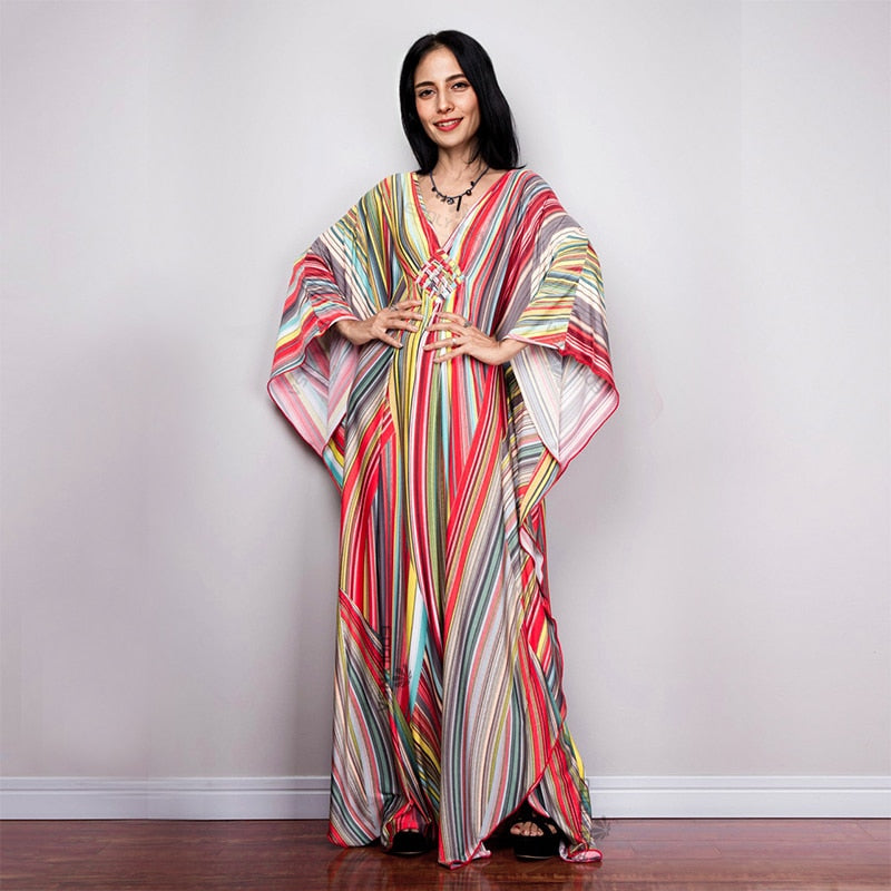 Print Maxi Dress Batwing Sleeve Tunic Spring Autumn Beach Dress Casual Plus Size Women Beachwear Kaftan Cover-ups Pbong mid size graduation outfit romantic style teen swag clean girl ideas 90s latina aesthetic