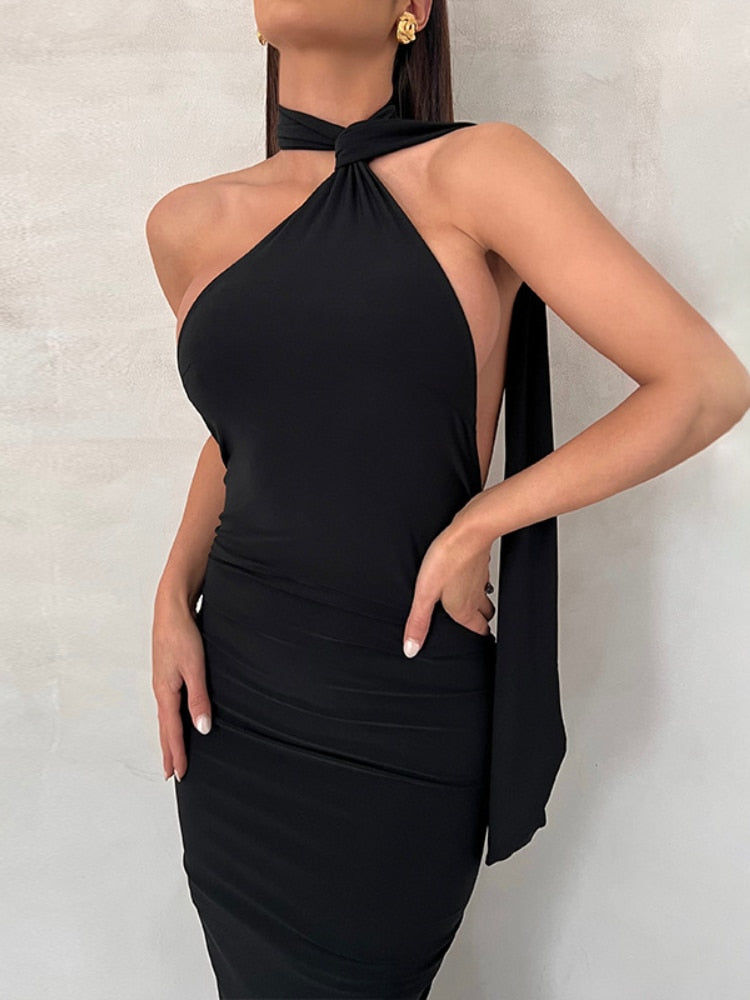 Elegant Backless Party Dress for Women Summer Sexy Halter Neck Bodycon Maxi Dress Evening Club Long Dress Black Vestido