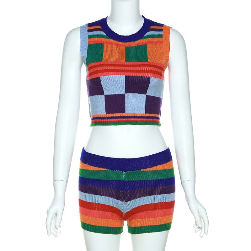 2Two Piece Set Knitted Multi-Color Stitching Women Slim O-neck Sleeveless Tank Tops+Stretchy Shorts Casual Suit Female